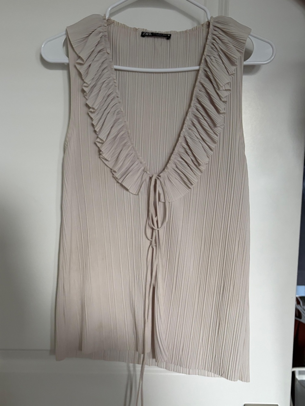 Zara Pleated Ruffle Tie-Front Sleeveless Top - Light Beige
